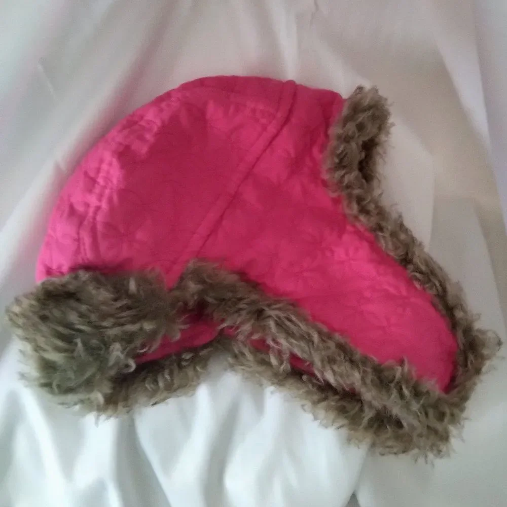 Fur Trim Fleece Lined Winter Hat Quilted Kids Bomber Aviator Warm Pink Girls